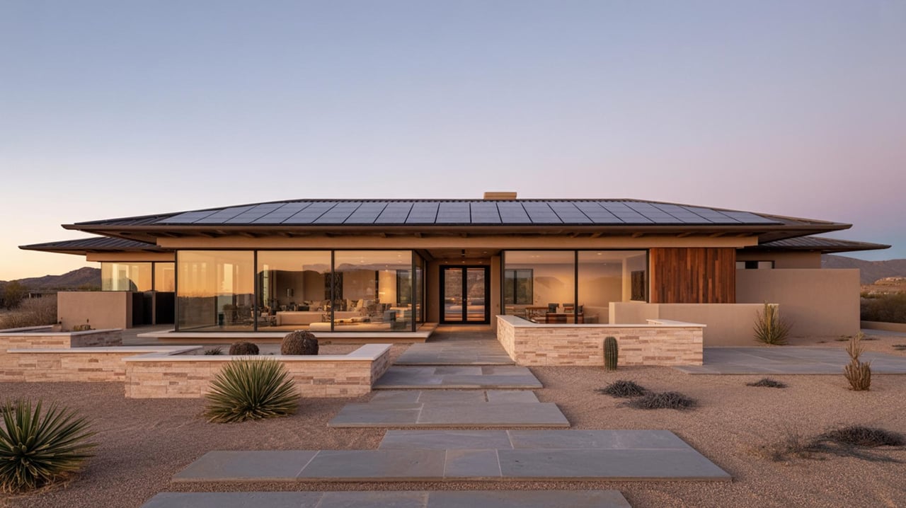 Low modern desert home with a broad metal roof, glass walls, stone planters, and a paved walkway.