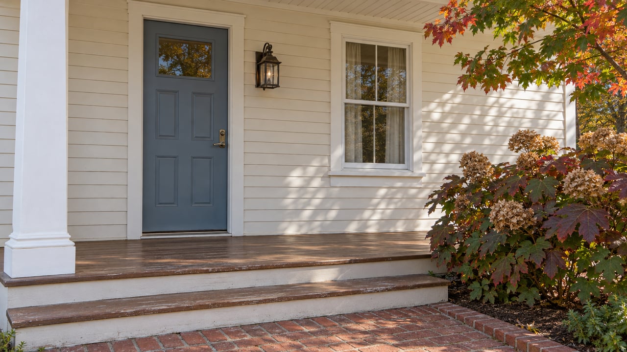 An ivory clapboard home's covered entry with a blue-gray door, weathered porch steps, brick landing and autumn oakleaf hydrangea.