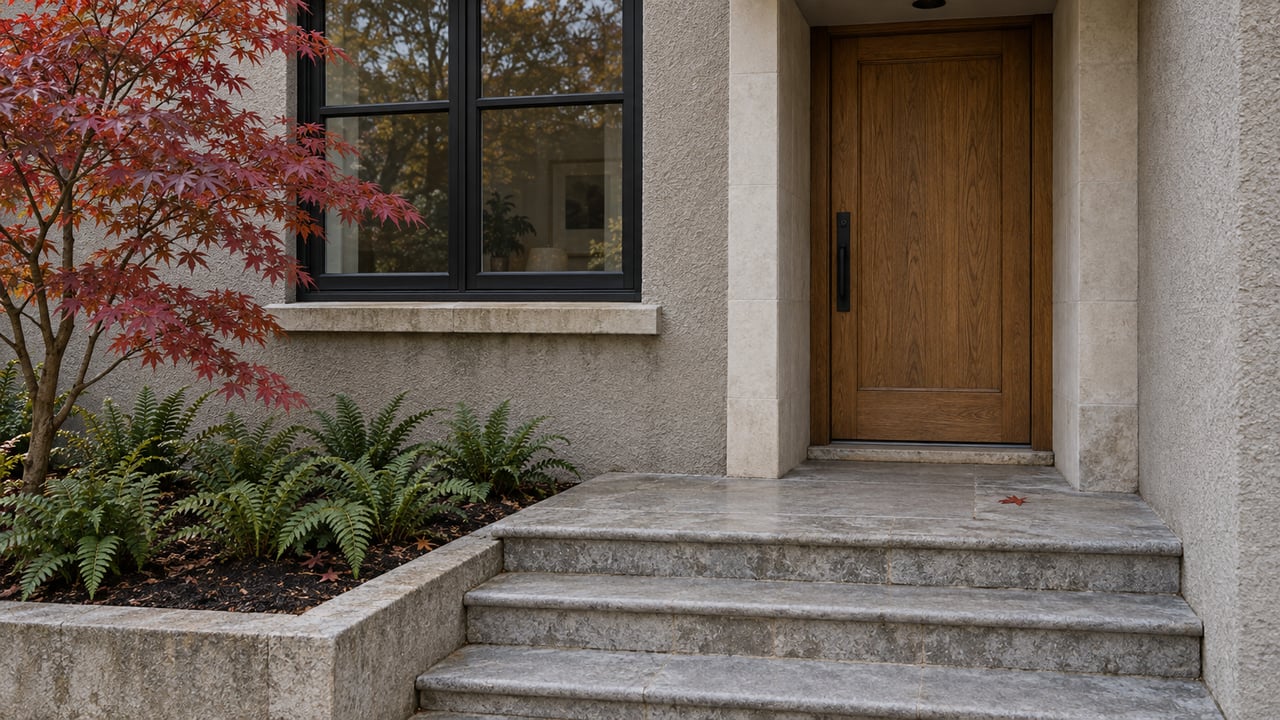 An oak residential entry beside a divided-light window, with weathered limestone steps and a copper-red Japanese maple.