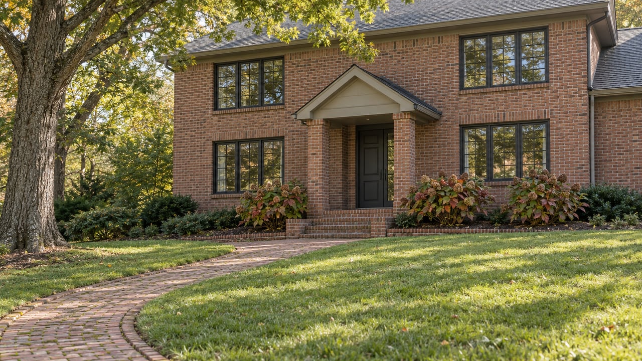 Updated two-story brick home behind a gently sloping lawn, with dark-framed windows, a brick entry walk and autumn oak foliage.
