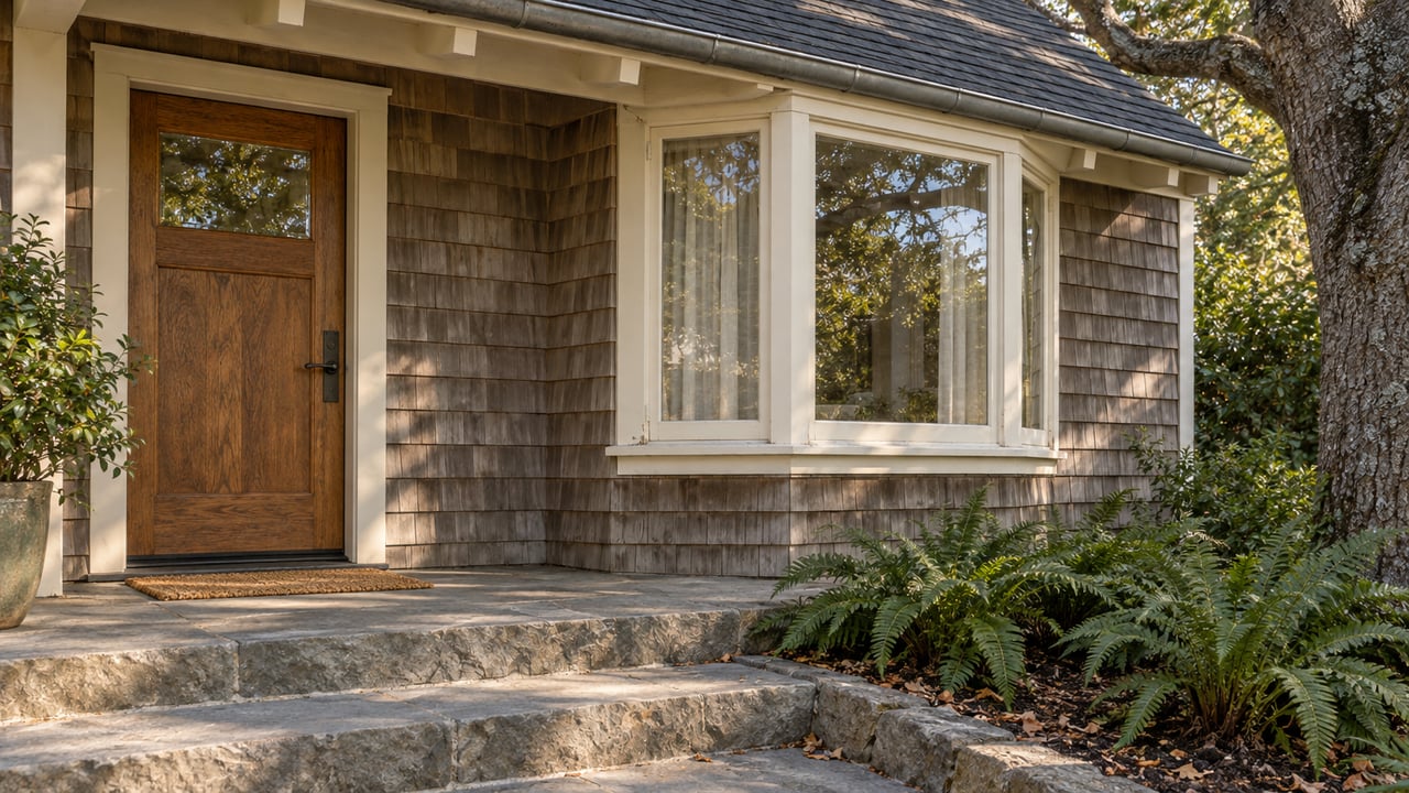 Weathered cedar-shingle home entrance with an oak door, cream-trimmed bay window, sandstone steps, and sword ferns beside a mature oak.