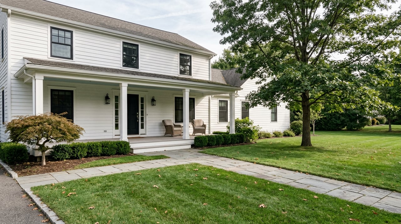 White two-story farmhouse with a covered porch, bluestone path, and mature oak shading the front lawn.