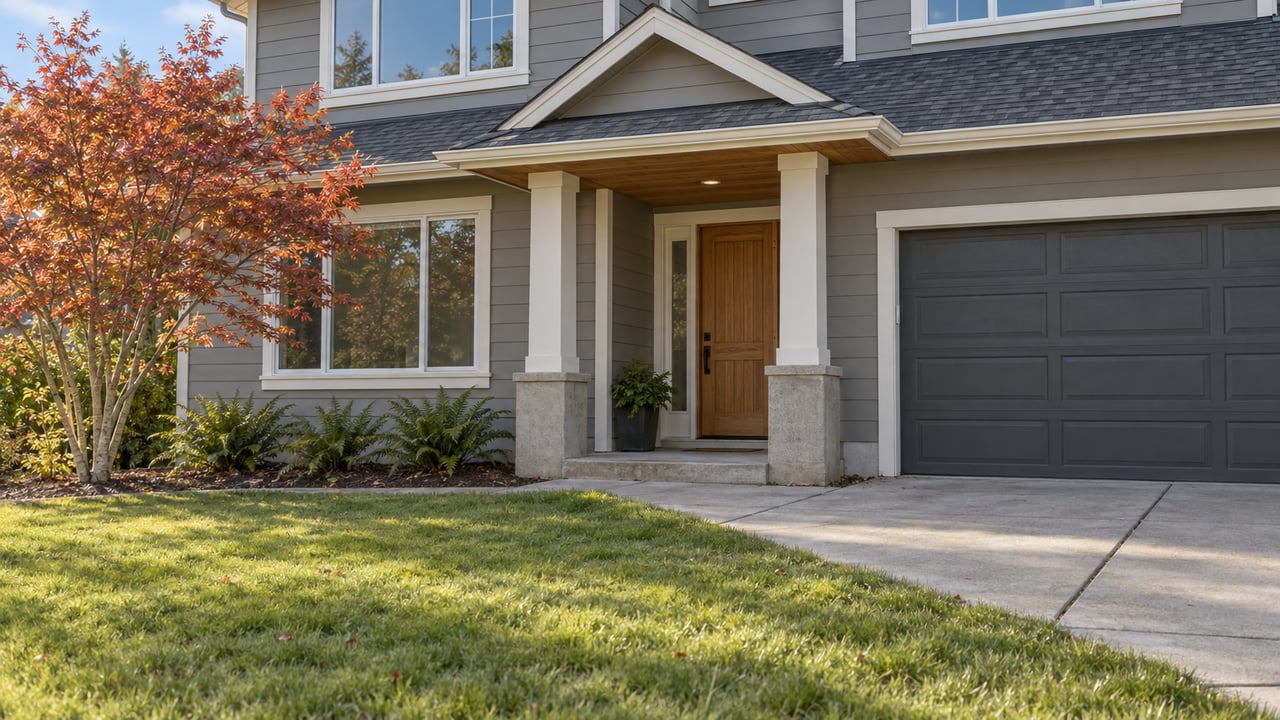 Autumn afternoon light on a gray-sided home with a charcoal garage door, sheltered oak entry, copper-red vine maple and a generous front lawn.