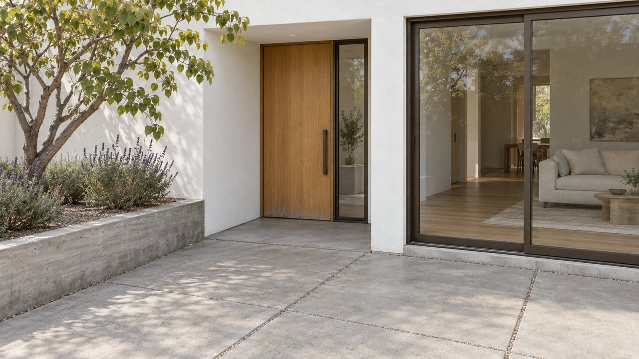Contemporary white-stucco home with an oak entry door, bronze-framed glazing and a raised concrete planter beside a stone-gray terrace.