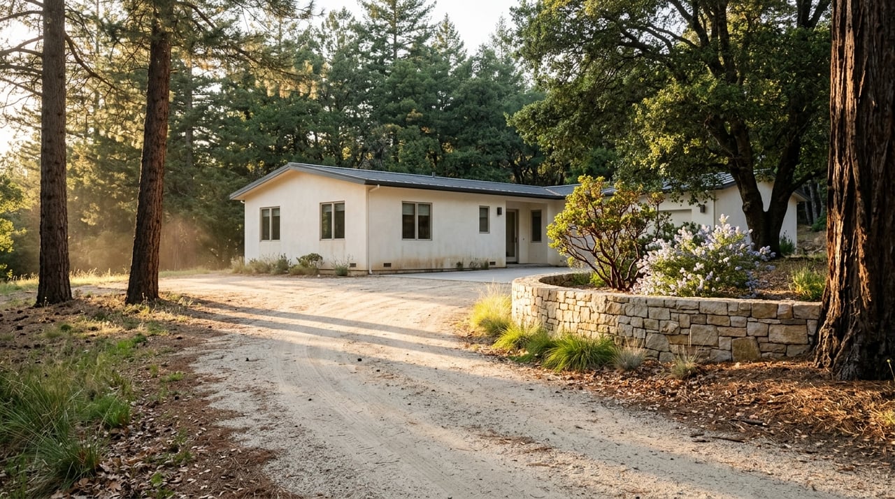 Off-white stucco home beside a gravel drive and stone wall, framed by mature pines, oak, and flowering shrubs.
