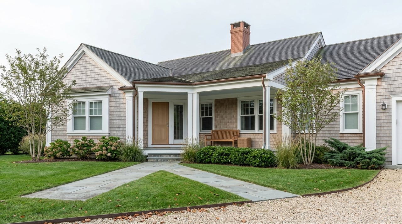 Coastal shingle-style house with a visible front yard.