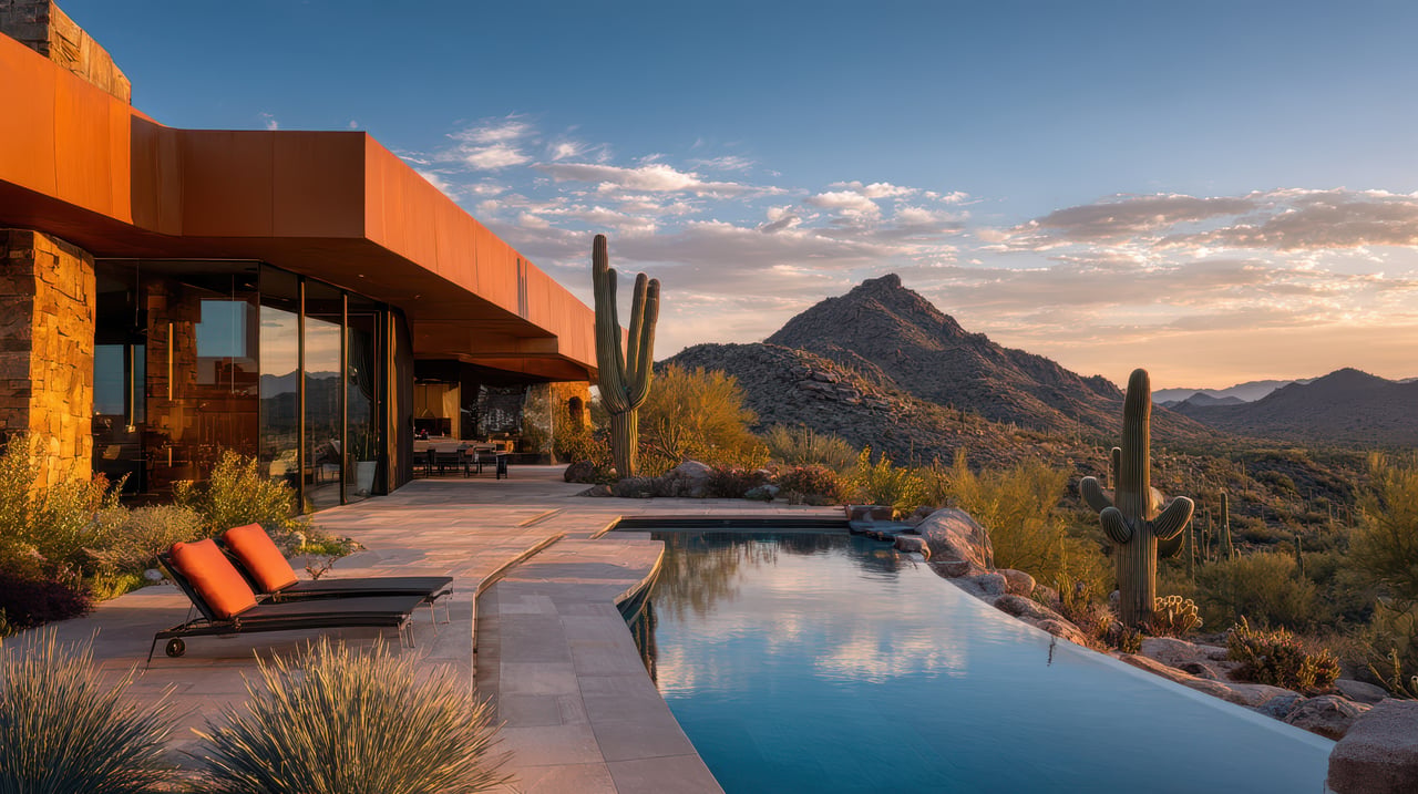 Luxury desert home with an infinity-edge pool, expansive patio, and panoramic mountain views surrounded by saguaro cacti at sunset.