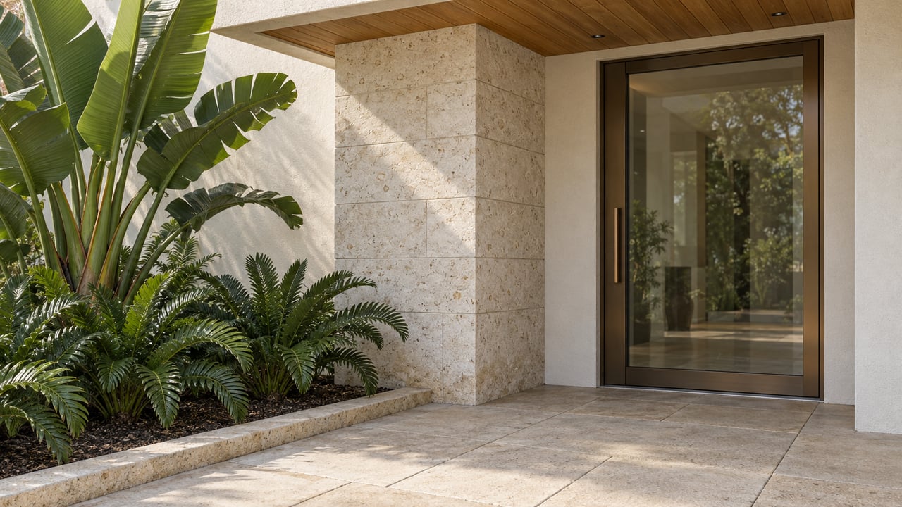 Sheltered home entry with pale limestone, warm wood soffit, bronze-framed glass door and bird-of-paradise planting.