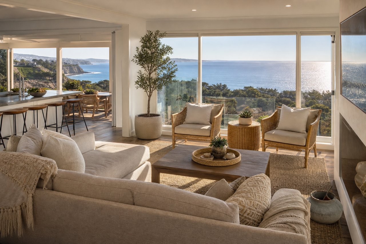 Coastal living room with wicker chairs and expansive windows overlooking the Pacific Ocean.