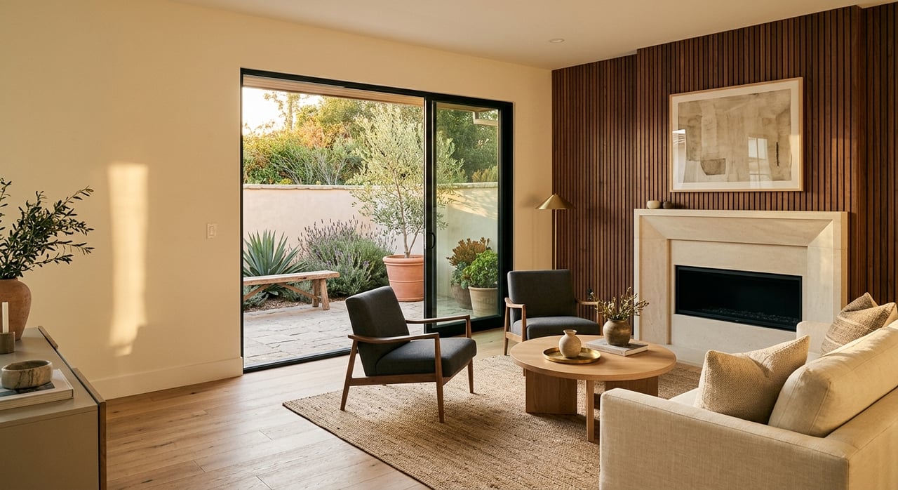 Living room with a limestone fireplace, walnut slat wall, and black sliders opening onto a planted patio.