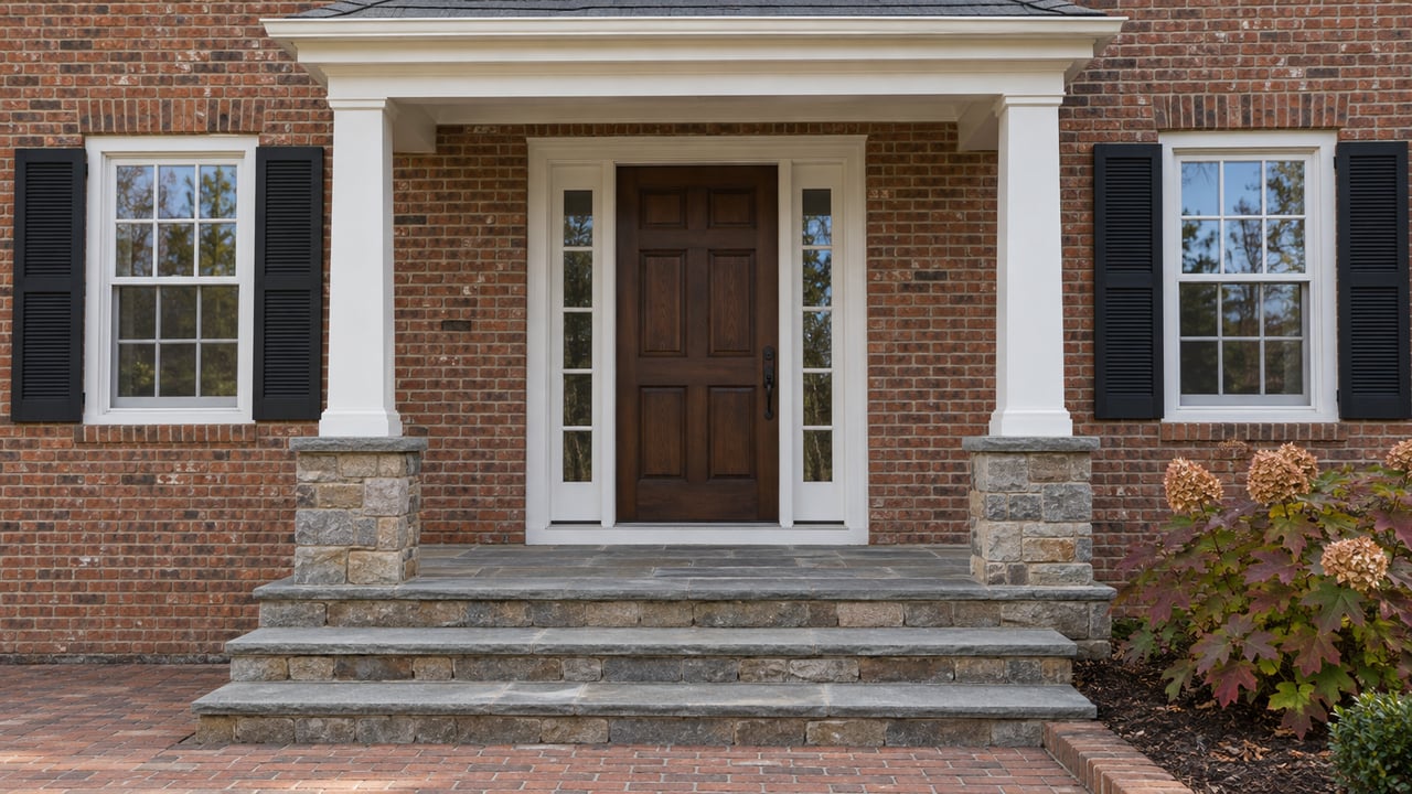 Red-brown brick home entry with white porch columns, black shutters, worn stone steps and an oakleaf hydrangea showing autumn color.