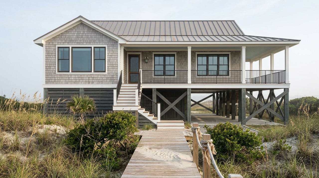 Elevated coastal home with gray cedar siding, a metal roof, and a dune walkway bordered by sea oats.