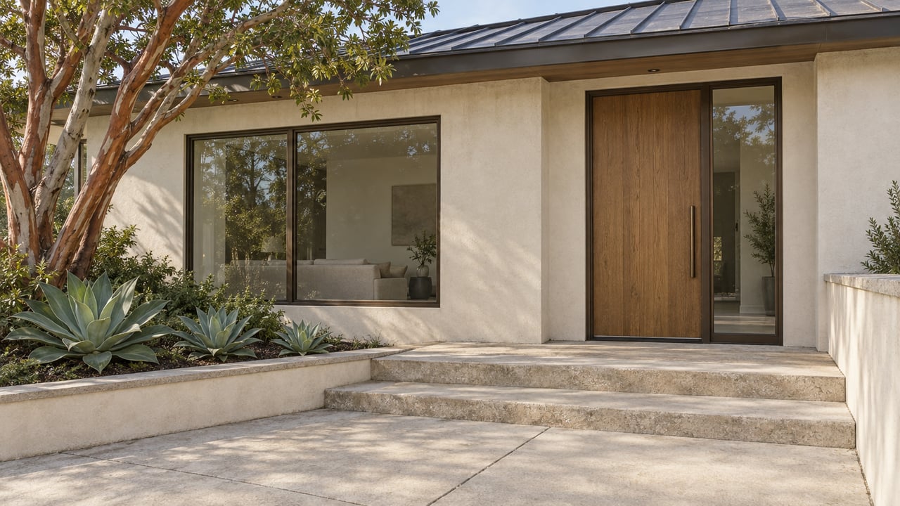 Ivory stucco home with an oak entry door, bronze-framed window and concrete arrival steps beside a sculptural tree and agaves.
