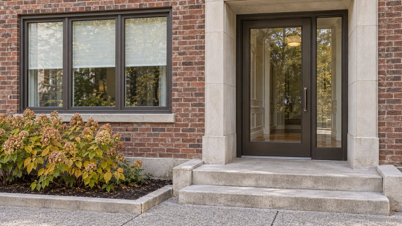 Red-brown brick residential entrance with limestone steps, bronze-framed glazing and an autumn flowering hydrangea.
