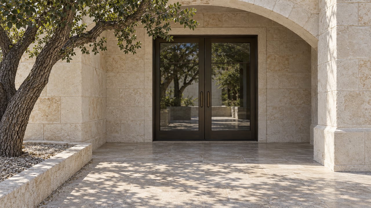 A limestone entry arch shelters paired bronze-framed glass doors beside a mature live oak and a broad stone terrace.