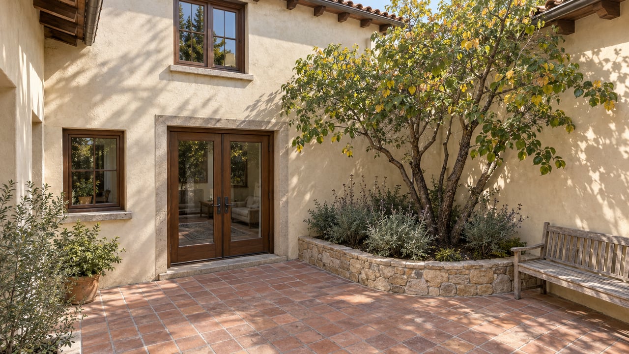 Elevated view of a terracotta-paved courtyard enclosed by warm stucco walls, timber-framed doors and windows, with a redbud tree and an oak bench.