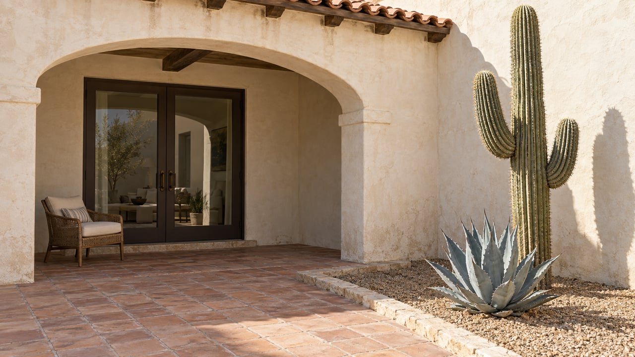 Cream stucco courtyard with an arched shaded patio, bronze-framed glass doors, terracotta paving, a saguaro and a silver-blue agave.