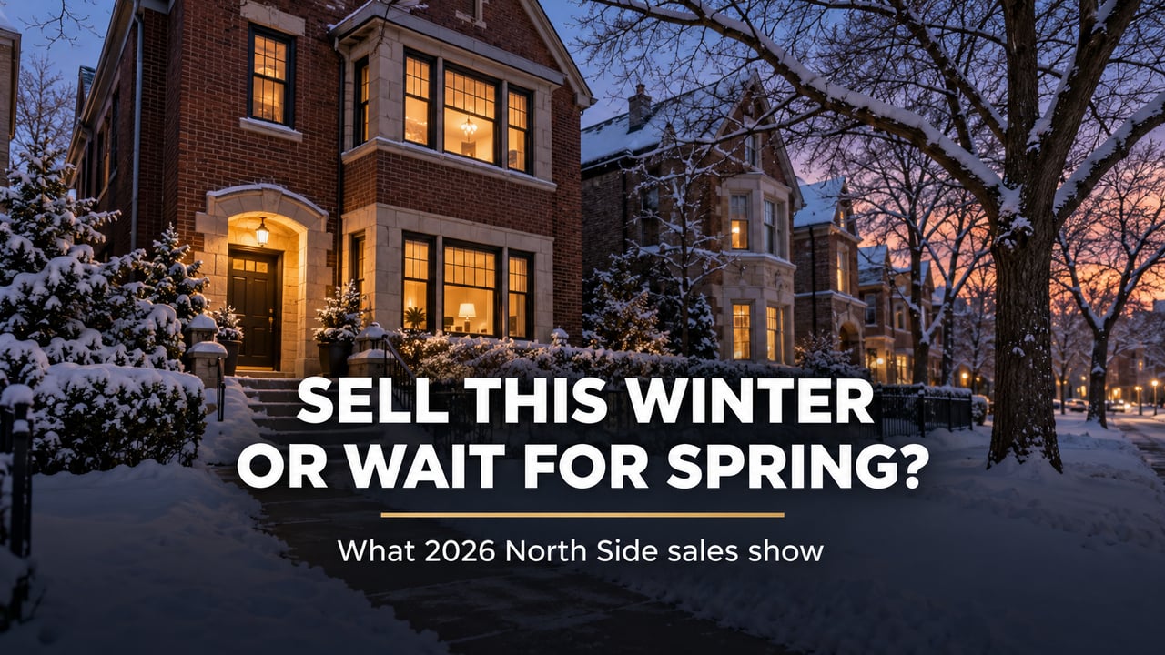 Snow-covered brick home on a residential street on Chicago's North Side