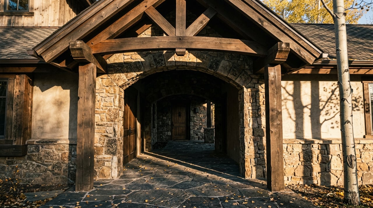 Arched stucco breezeway with timber ceiling, stone paving, and a golden aspen casting long shadows.