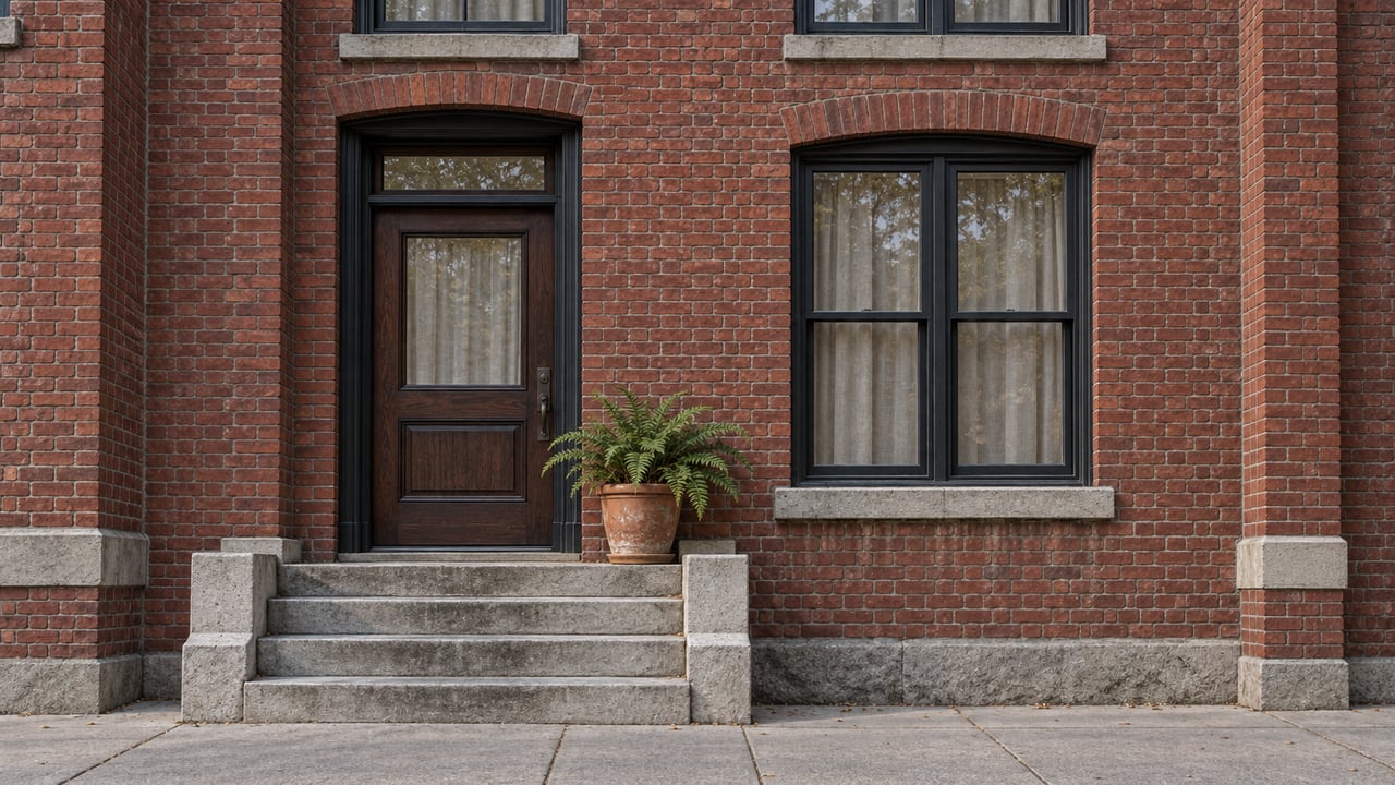 Red-brick home entrance with worn limestone steps, a dark oak door, black-framed windows and a potted fern.