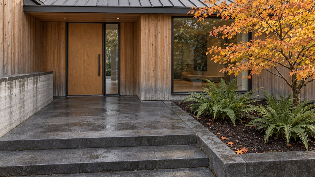 Contemporary cedar home entrance with basalt steps, bronze-framed glazing, and a yellow-orange vine maple in an edged planting bed.