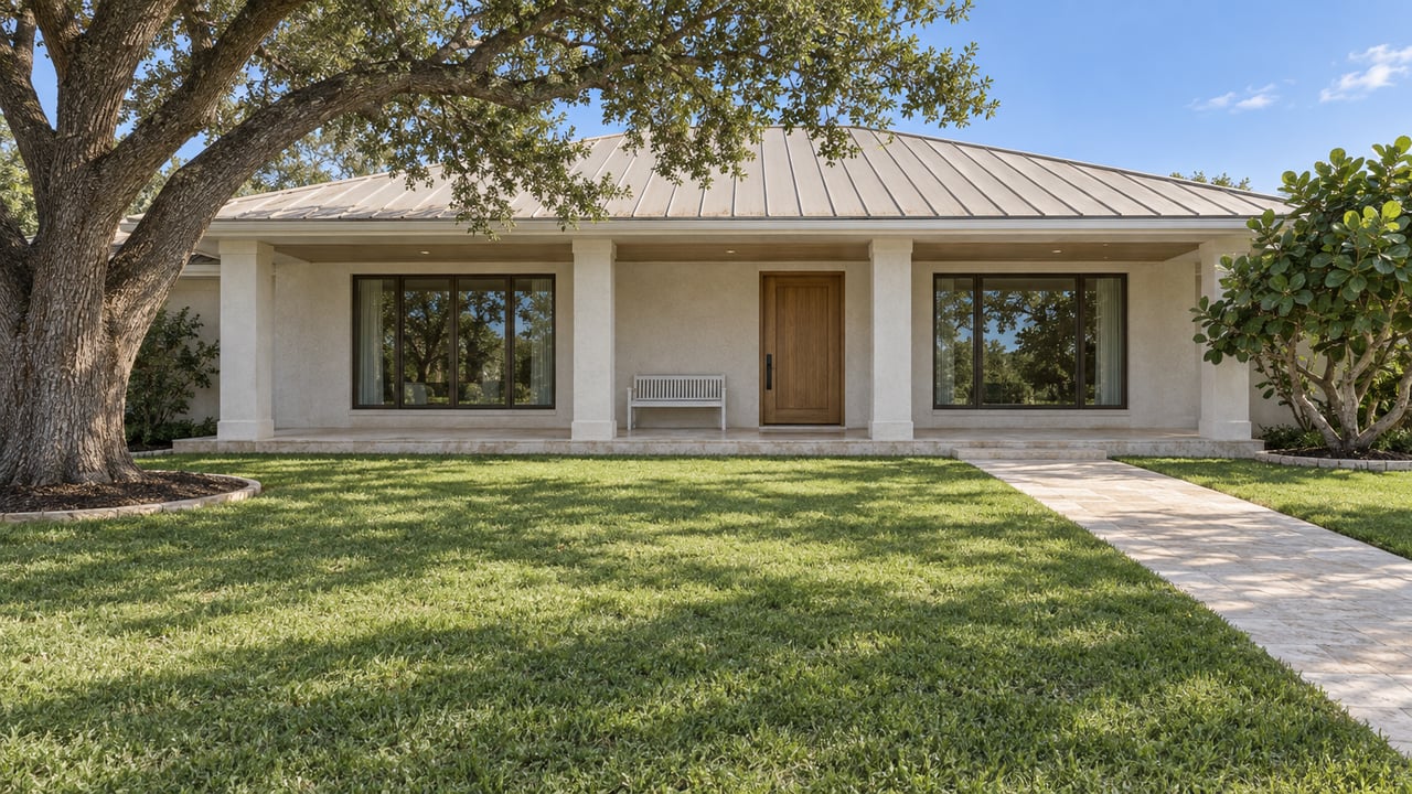 A broad white stucco home with a pale metal roof, shaded porch and limestone walk beyond a deep lawn and mature branching trees.