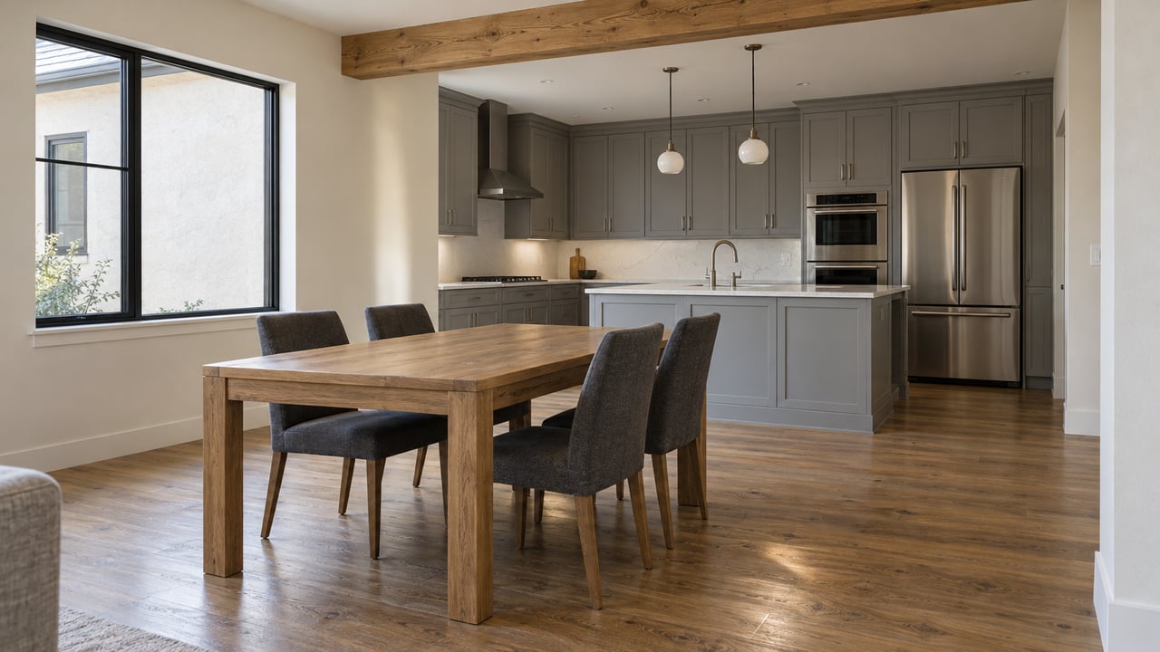 Oak dining table and charcoal chairs beside a black-framed window, opening to a gray shaker kitchen with quartz counters and warm oak floors.