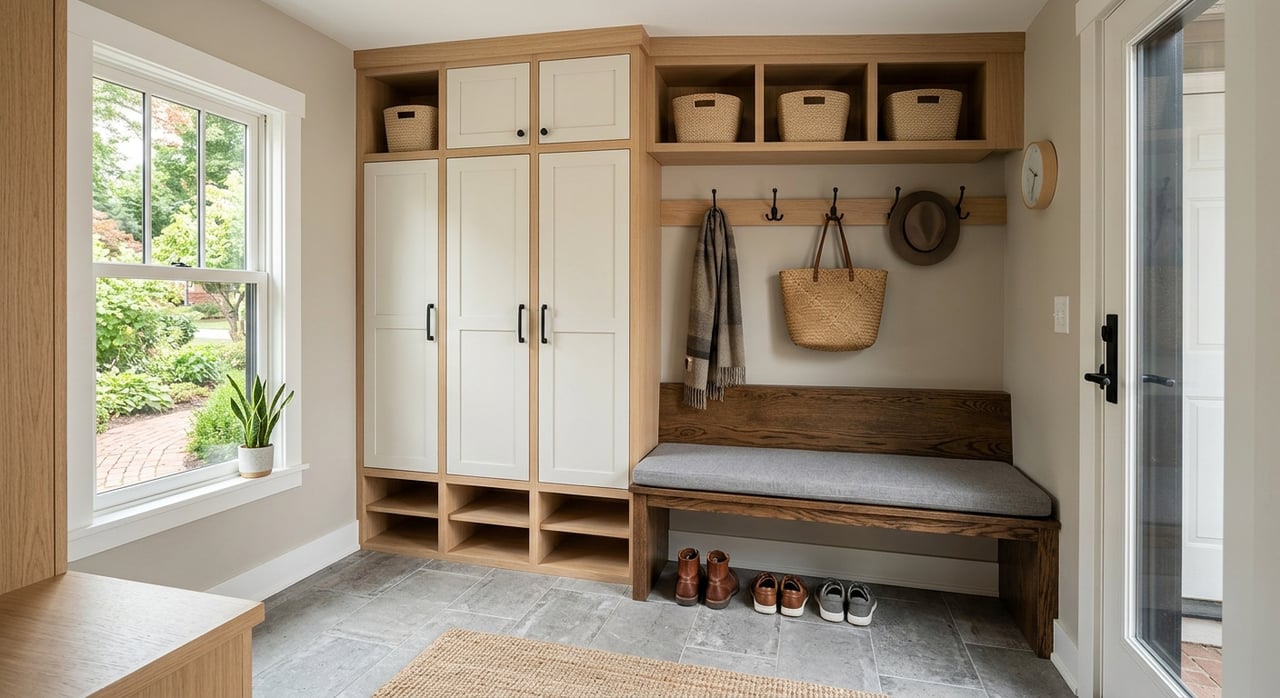 Mudroom with warm-white built-in lockers, quartz bench, black hooks, and a charcoal garage-entry door.