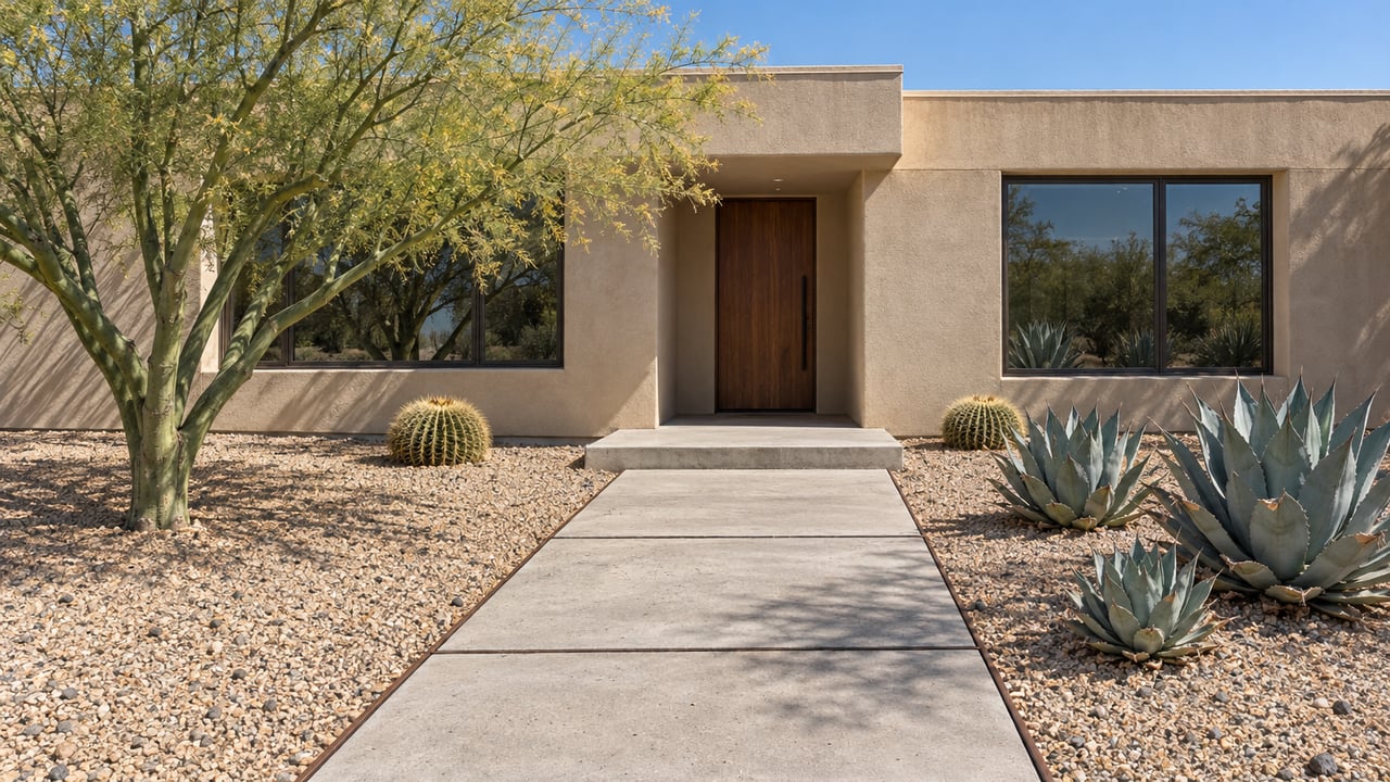 Single-story sand-colored stucco home with bronze-framed windows, a concrete entry walk, and an established gravel garden with a sculptural green-trunk tree and agaves.