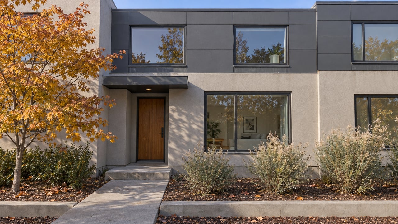 Contemporary attached-home entry with gray stucco, charcoal siding, sealed picture windows and a concrete approach beside autumn planting.