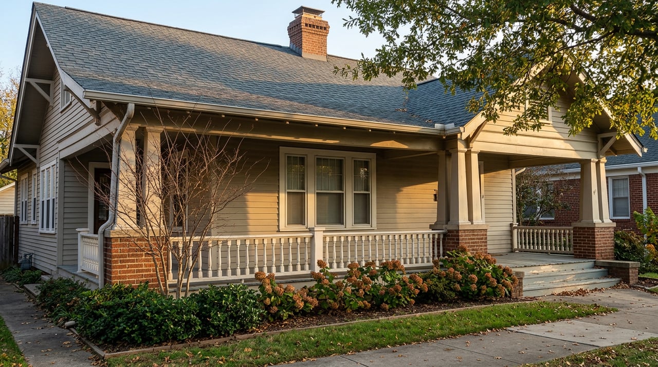 Craftsman bungalow with covered porch, brick piers, deep gable, and oak leaves on walkway.