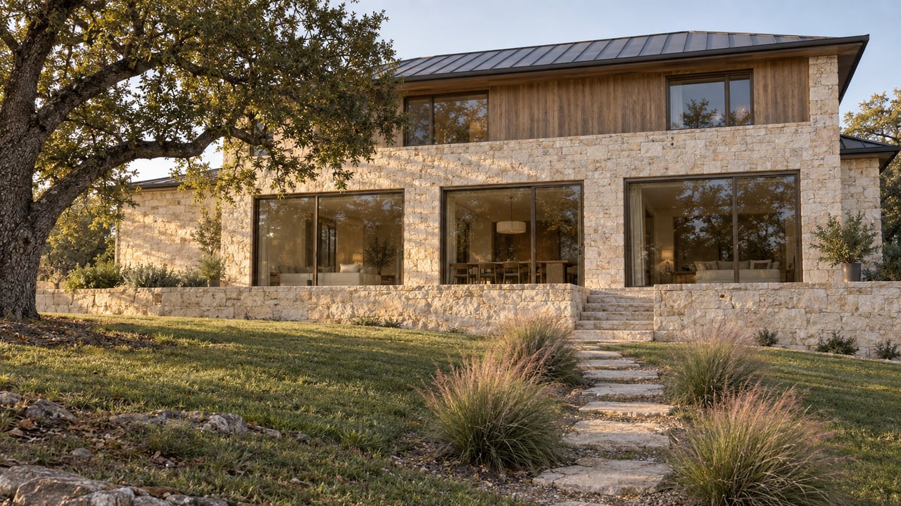 Two-story limestone house with charcoal roof and raised terrace above a sloping garden path.