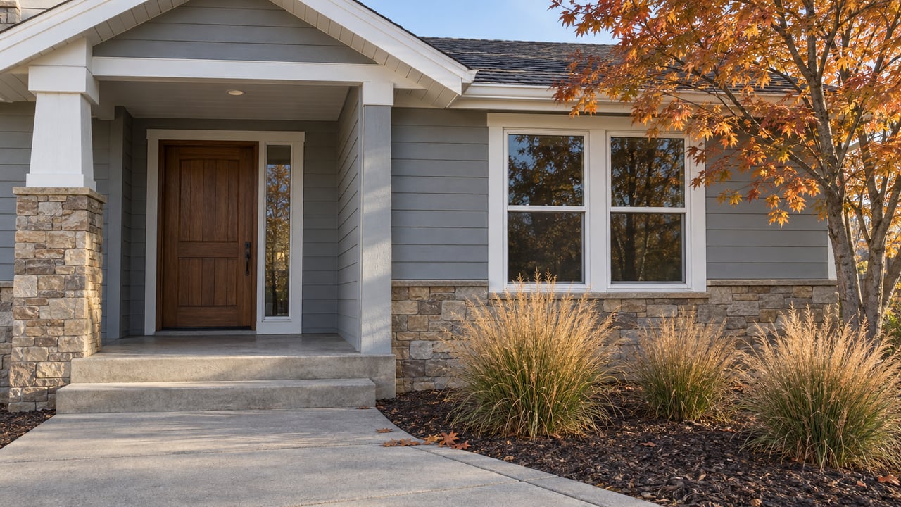 Gray-blue home entry with a stone porch column, oak door, paired windows and a copper-leaved maple beside the concrete approach.