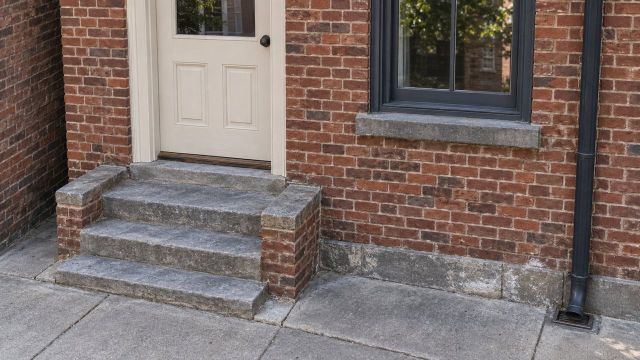 Red brick townhouse entrance with an off-white door, charcoal sash window, limestone steps, and black downspout.