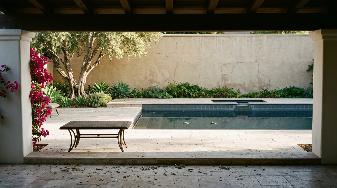 Loggia frames a sunlit travertine patio and dark pool, with olive tree and magenta bougainvillea.