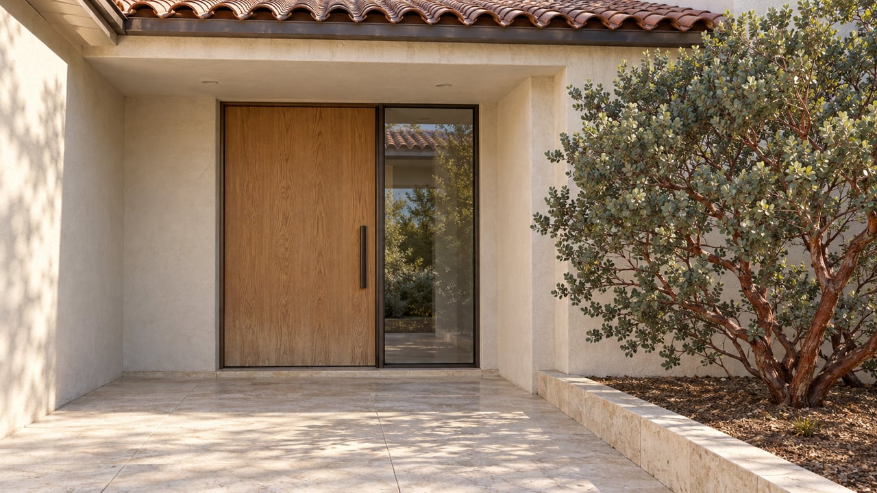 Cream stucco entrance with a natural oak door, bronze-framed sidelight, pale limestone approach and sculptural red-barked manzanita.