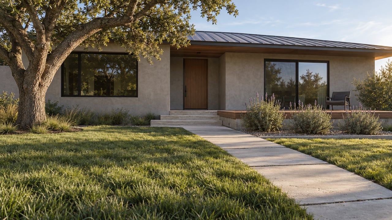 A contemporary single-story home with a deep green front yard, mature oak, wood terrace, and dark-framed windows in soft afternoon light.