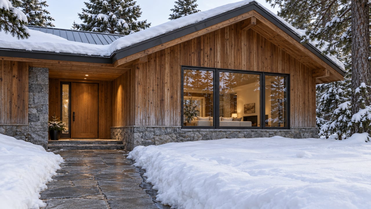 Snow surrounds a cedar-clad cabin with a steep metal roof, granite base, warm windows, and mature snow-laden conifers.