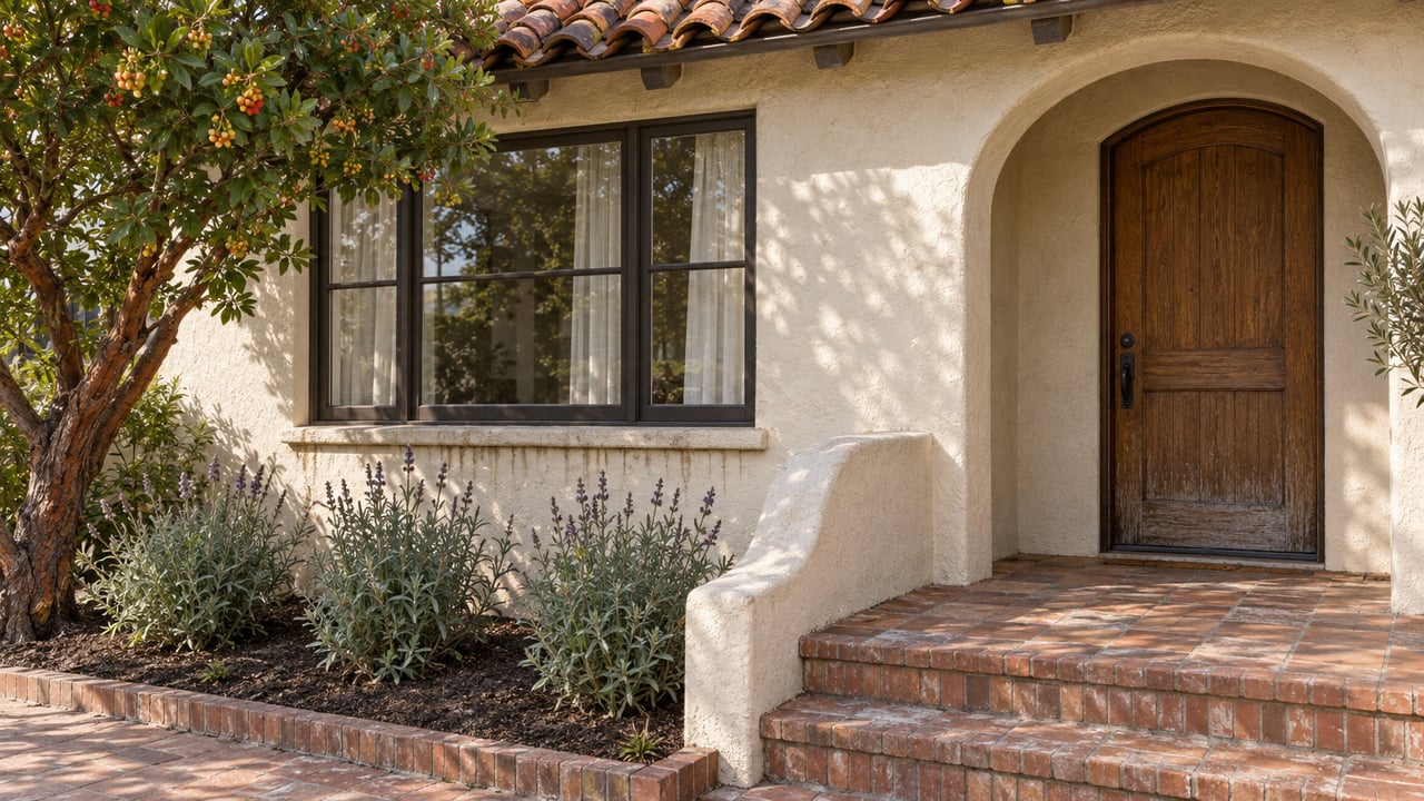 Sunlit stucco cottage entrance with a weathered oak door, terracotta roof, brick porch steps, and a planted bed of strawberry tree and Cleveland sage.