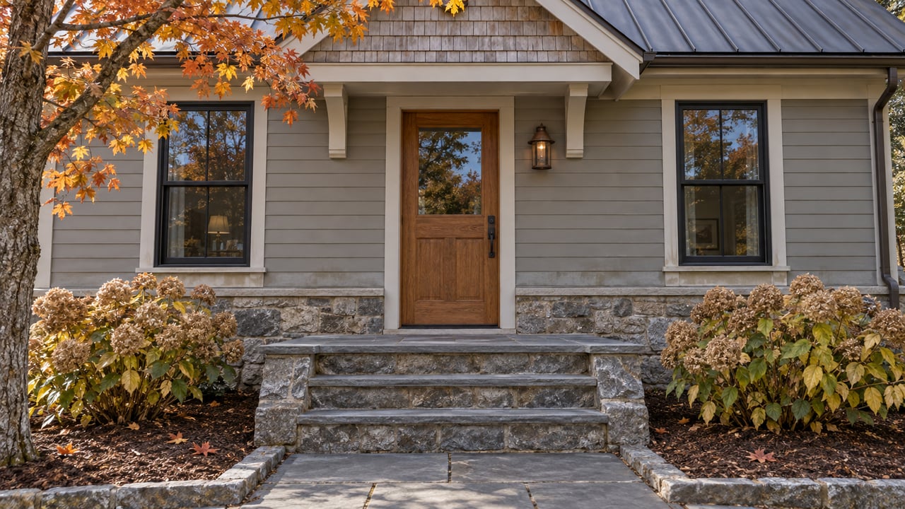 Cedar-shingled cottage entrance with an oak door, gray stone steps and autumn maple leaves.