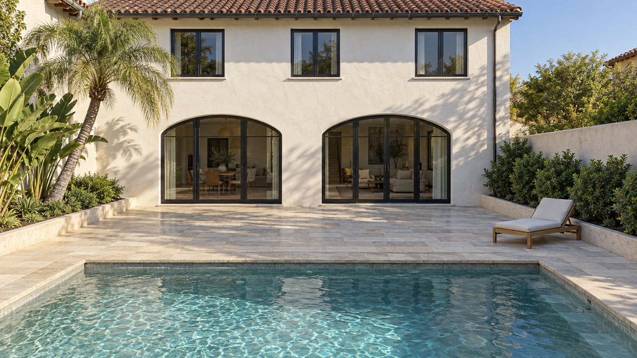 Elevated view across a rectangular backyard pool toward a white stucco home with red clay roof tiles and closed arched glass doors.