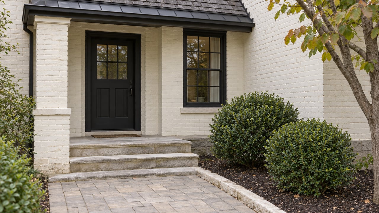 Cream-brick home entrance with a dark glazed door, limestone steps, pavers, and clipped shrubs.