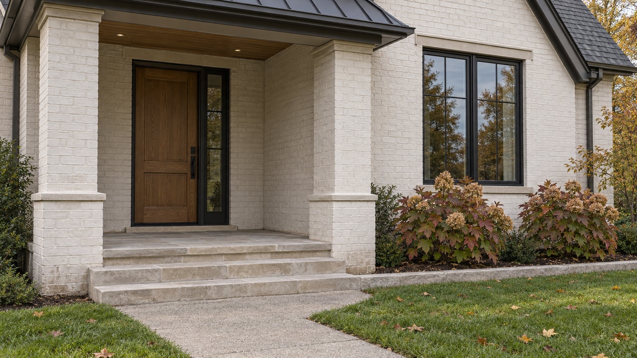 White painted-brick home with a sheltered oak front door, limestone steps, black-framed windows and autumn oakleaf hydrangeas.