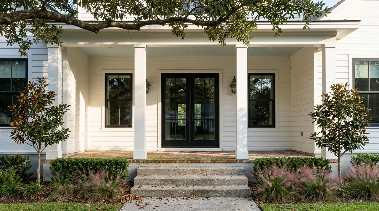 Raised porch with black-framed glass French doors, white siding, blue ceiling, and oak leaves scattered on the steps.