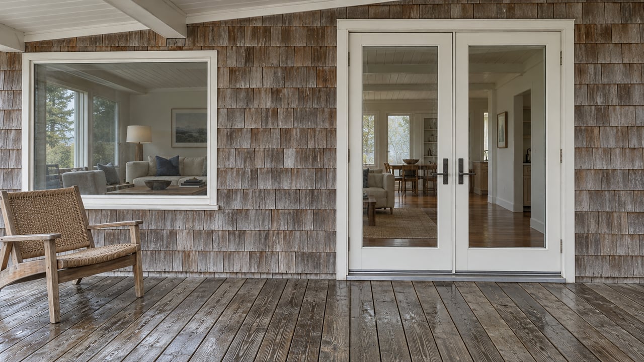 Weathered cedar-shake porch with closed white-framed glass doors, silvered timber decking and a single teak chair in soft morning light.
