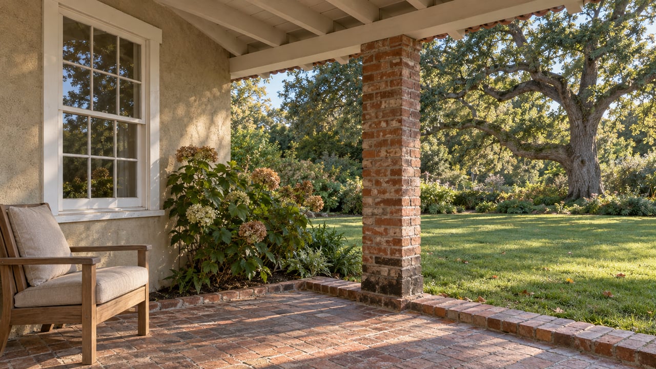 Brick-paved covered porch with a tan stucco wall, divided-light window and oak chair overlooking an established oak garden.