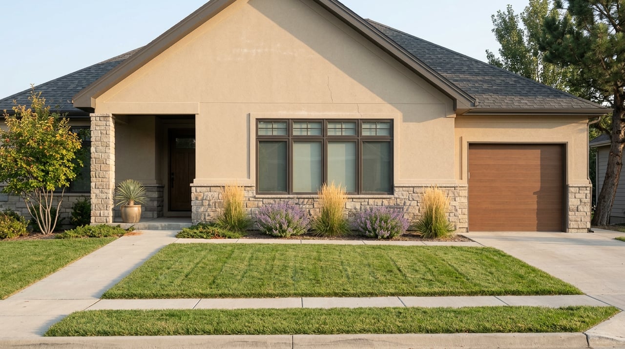 Sand-stucco suburban home with stone entry column, cedar garage door, and a broad lawn.