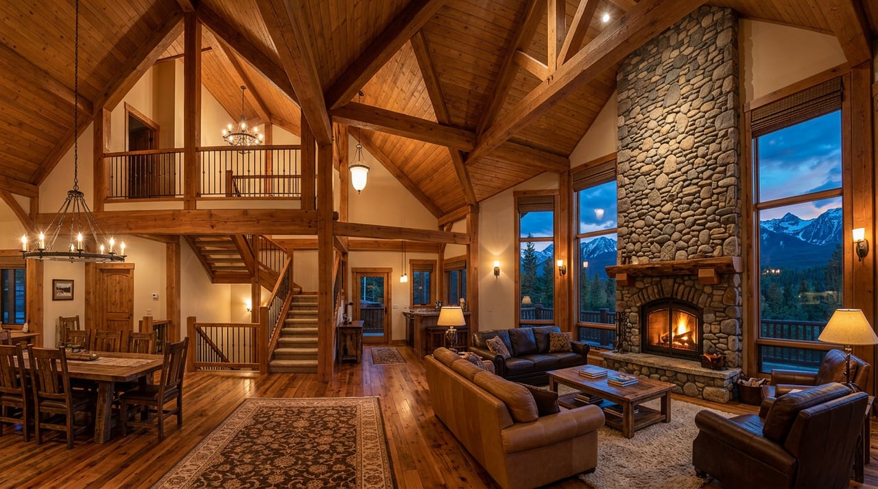 Mountain-home great room with a fieldstone fireplace, hearth fire, brass sconces, and cool dusk light through tall windows.