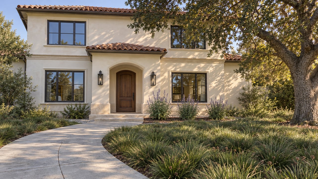Cream stucco home with red clay roof tiles, an arched entrance and a deep front garden beneath a mature oak.