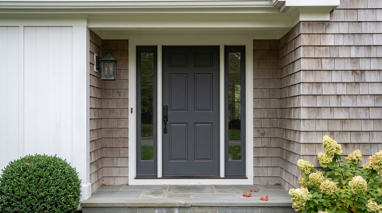 Charcoal-gray paneled entry door with narrow sidelights, cedar shingles, a hydrangea, and red-orange leaves on bluestone.